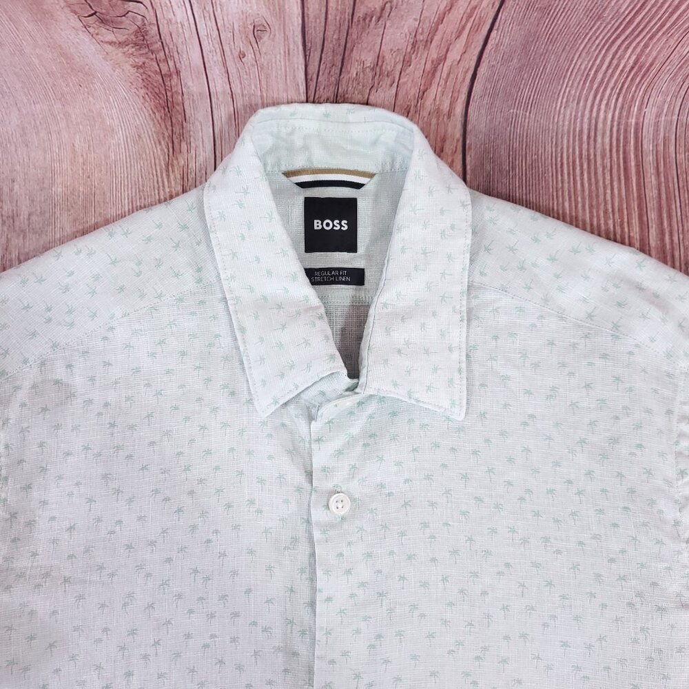 Hugo Boss Lukka Shirt Mens Medium Regular Fit Stretch Linen Blend Palm Tree Mint